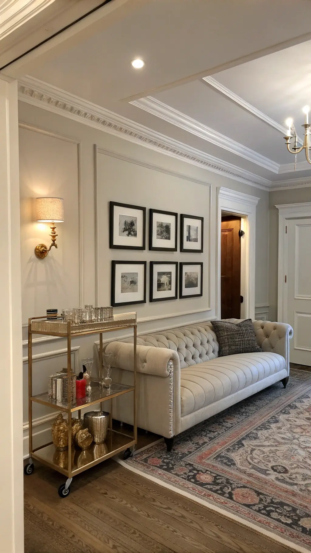 Sophisticated 12x15ft room with greige walls and crown molding, featuring a pearl gray channel-tufted sofa, vintage overdyed rug, art deco bar cart with brass accessories, and ambient lighting from picture lights illuminating art pieces.
