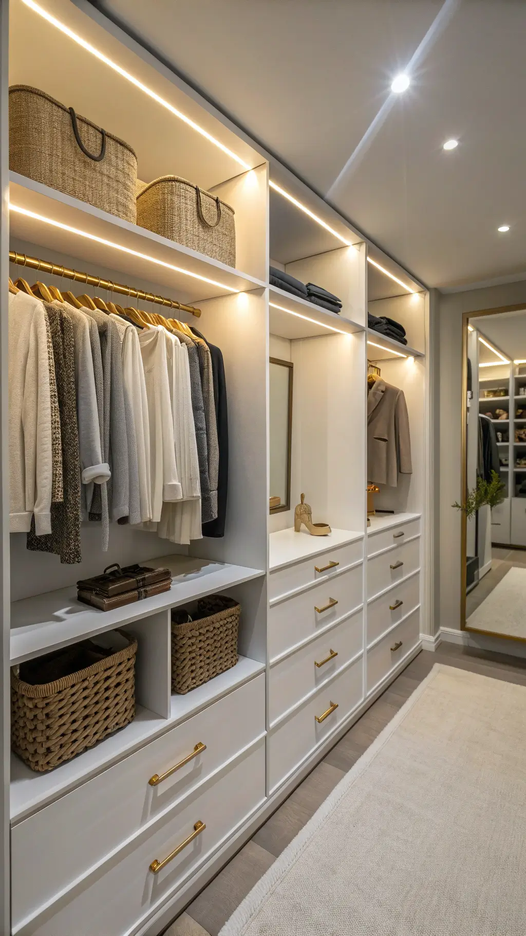 Compact 6x8ft walk-in closet with LED lighting, white melamine shelves with brass hardware, double hanging rods with cream and grey garments, acrylic shelf dividers, seagrass baskets, and full-length champagne-framed mirror.