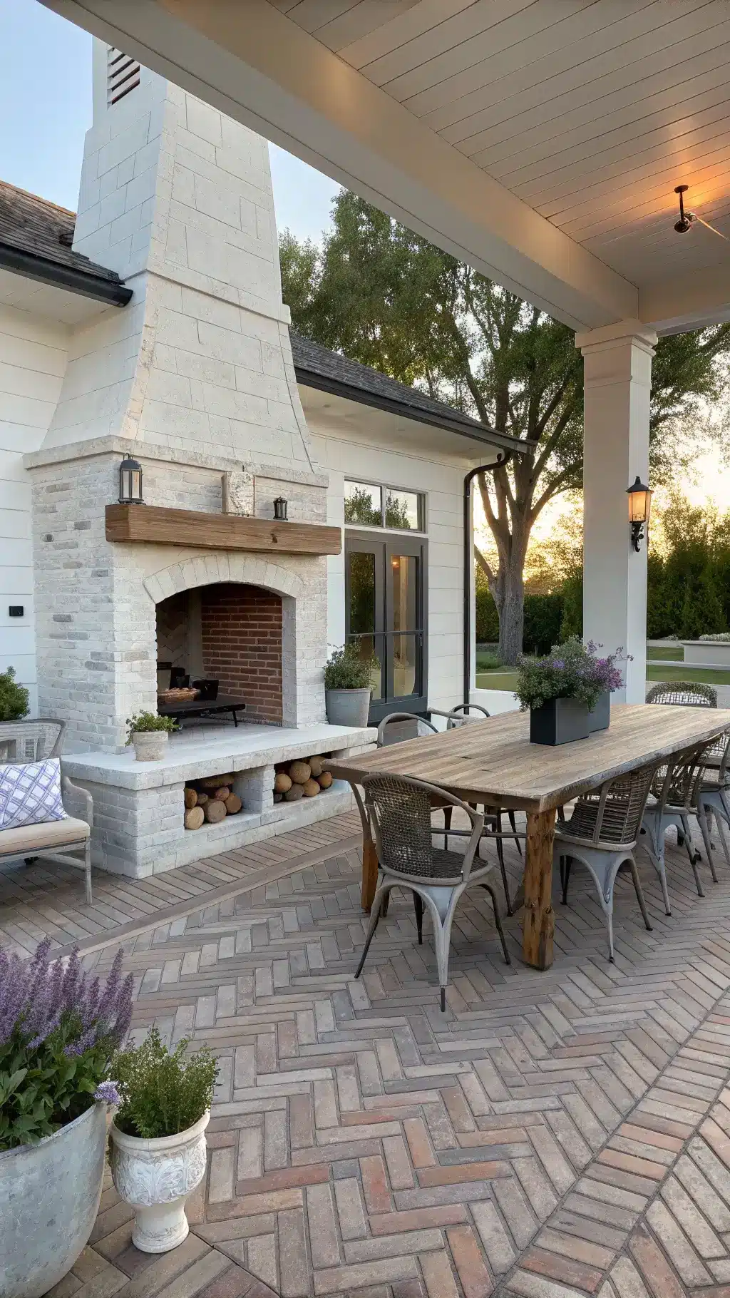 Overhead view of a 600 sq ft modern farmhouse patio with reclaimed brick flooring, an outdoor fireplace, rustic dining setup, and lavender-filled planters in mid-morning light.