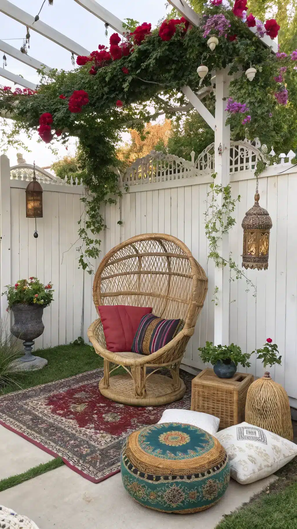 A mid-morning snapshot of a 12'x15' bohemian garden nook featuring a vintage rattan peacock chair under a flowering jasmine-covered metal arbor, Moroccan lanterns, macramé plant hangers, mismatched kilim poufs on a natural jute rug, and a whitewashed privacy fence adorned with rich jewel-toned textiles.