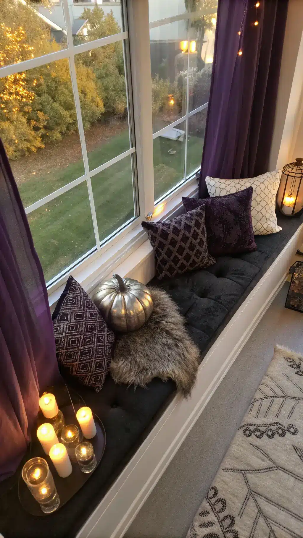Overhead view of a 5x7ft window seat with a black velvet cushion, gothic pattern pillows and a faux fur throw, windowsill adorned with LED candles and metallic pumpkins in sunset light, draped with sheer purple curtains filtering golden hour glow.