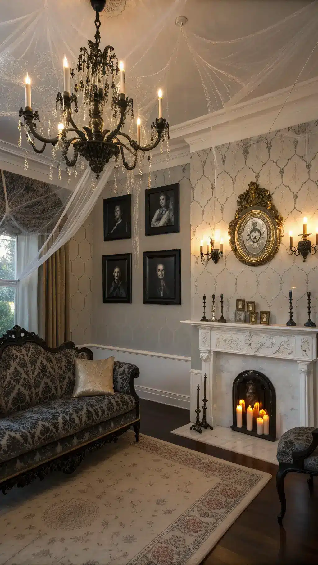 Twilight-lit, luxurious living room with crystal chandelier, cobweb installations, marble fireplace with black candles, French settee, obscured antique portraits and metallic wallpaper.