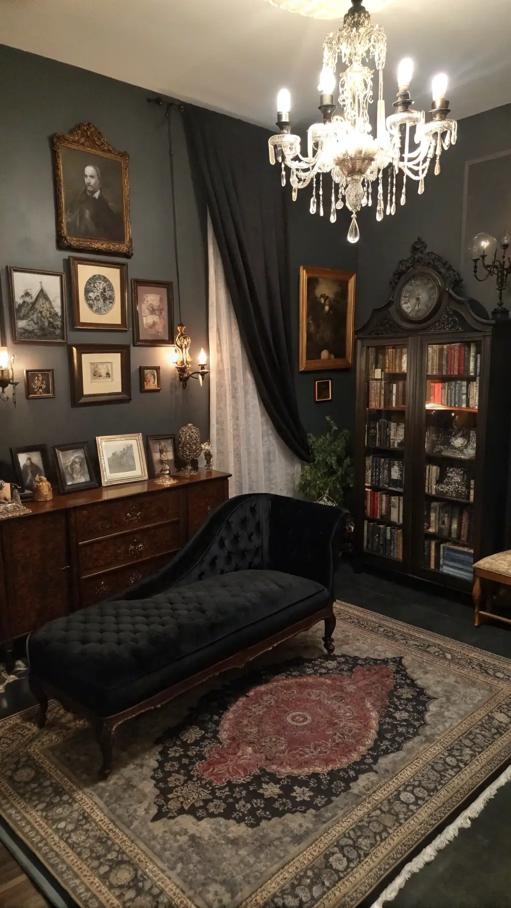 Vintage parlor at night featuring wall-mounted Victorian portraits, crystal sconces casting dramatic shadows, black velvet chaise, curiosity cabinet filled with oddities, black sheer panels, and a jewel-toned Turkish rug.
