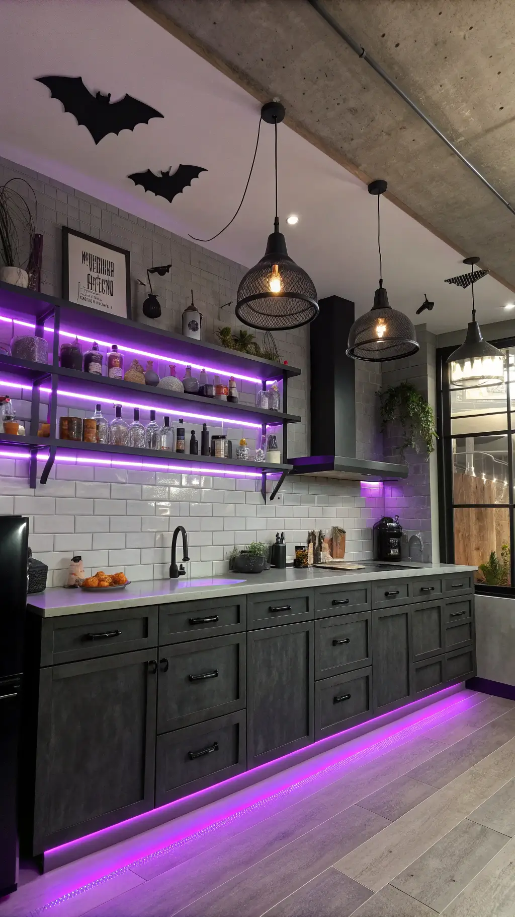 Modern industrial kitchen lit by purple LED lights, showcasing floating shelves filled with potion bottles, steaming matte black cauldrons, and metallic bats spiraling from counter to ceiling; is set in a mysterious twilight mood with deep purple, gunmetal, silver, and obsidian shades.