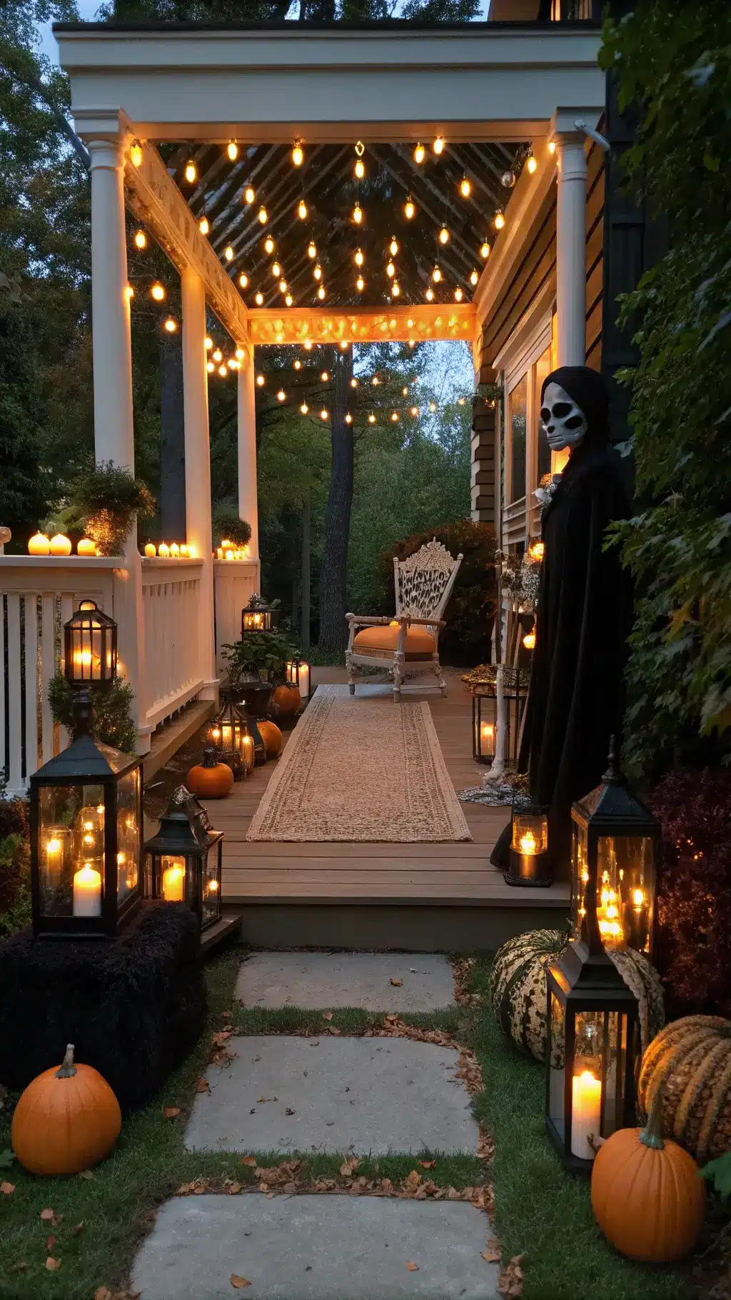 Craftsman porch at twilight with amber lighting, black lantern-lined pathway, 7-foot Victorian-dressed skeleton seated on a wooden chair, surrounded by vintage mercury glass pumpkins and black velvet cushions.