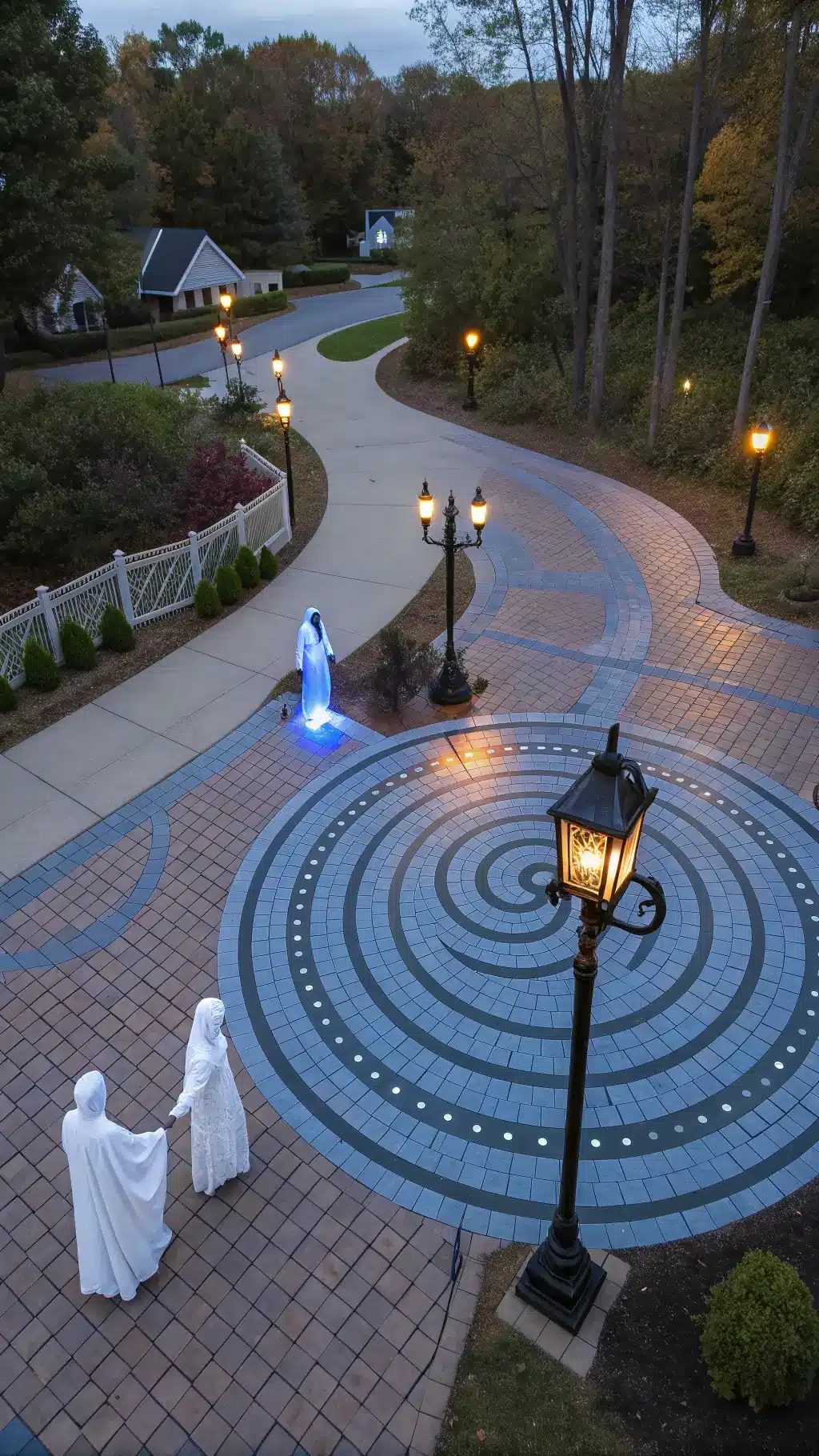Aerial view of a glowing blue supernatural portal, created with UV-reactive paint on a circular driveway, surrounded by Victorian-style lamp posts wrapped in gauze, with phantom figures dancing within, under a twilight sky.