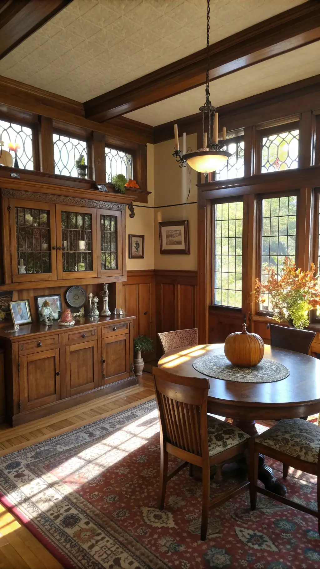 Vintage craftsman dining room showcasing 1940s black cat figurines on sideboard, with oak wainscoting, mercury glass pumpkins on a pedestal table and Halloween postcards in gold frames, with sunlight streaming through leaded glass windows.