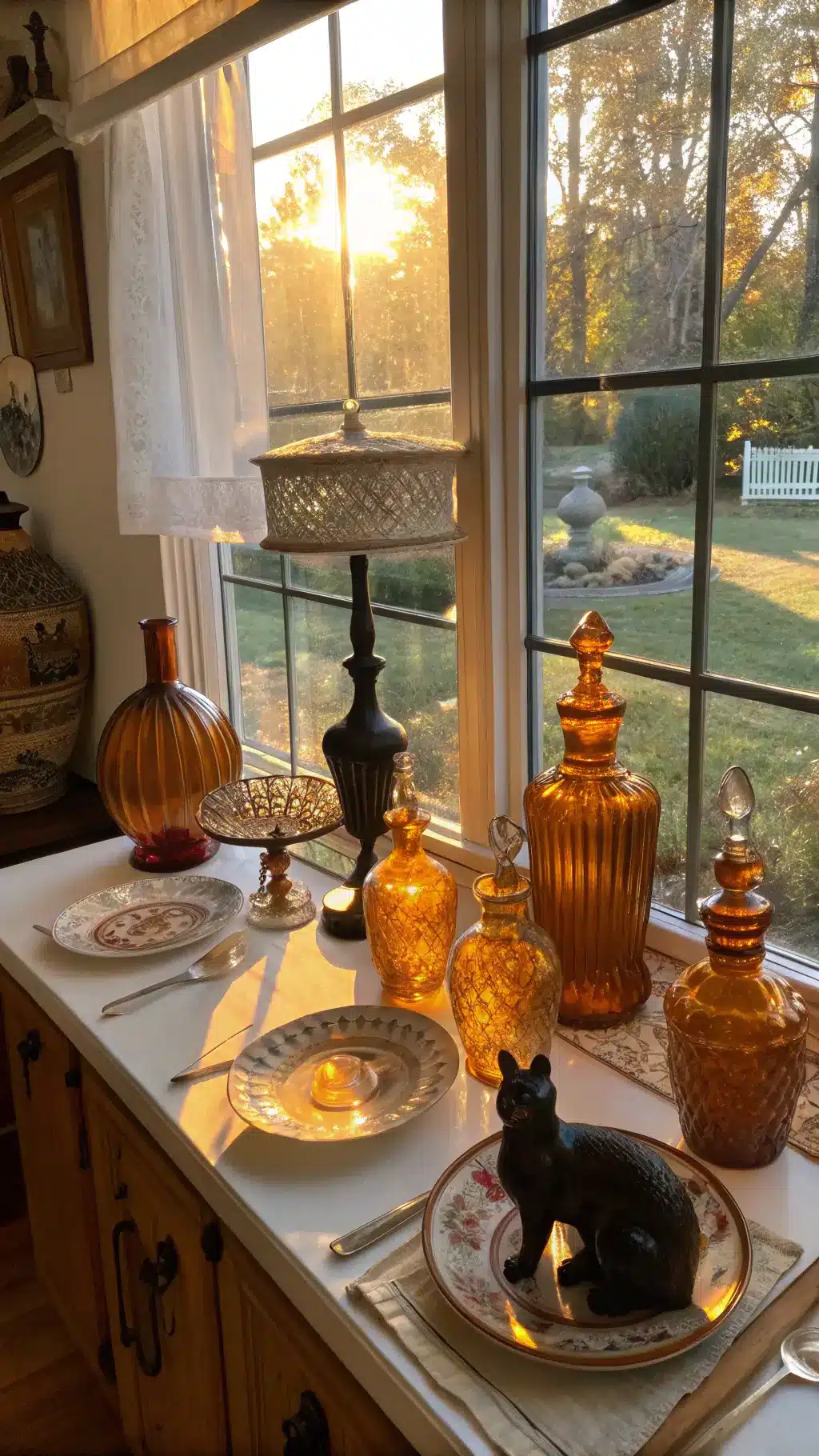 Vintage Halloween breakfast nook with amber glass vessels in bay window, Halloween paper table settings under glass cloches, and black cat figurines on windowsill.