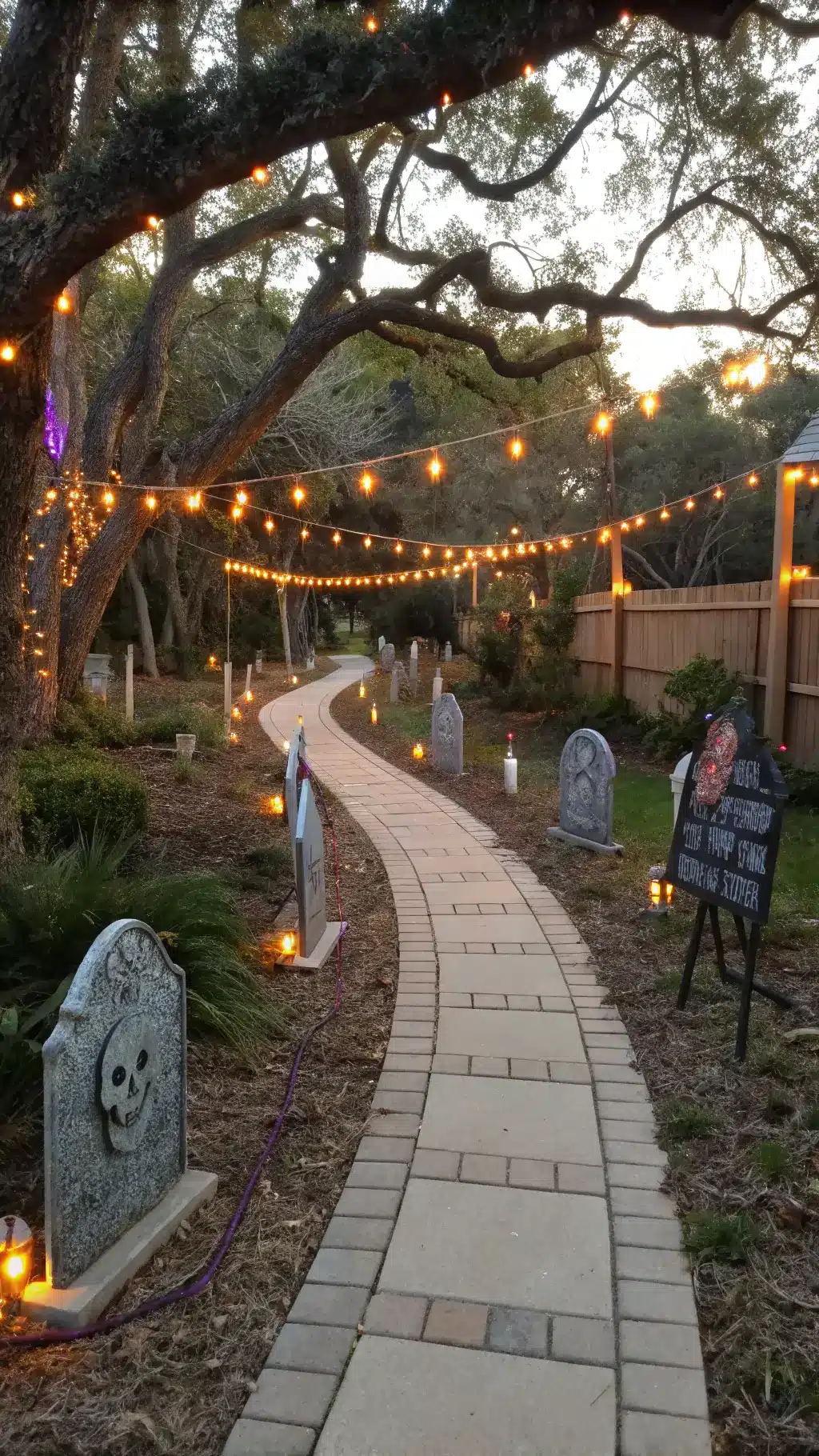 Eye-level view of a garden pathway at sunset, adorned with solar-powered skull stakes, vintage orange string lights, ghost ornaments, and DIY cardboard tombstones, all under golden hour lighting with artificial purple accents.