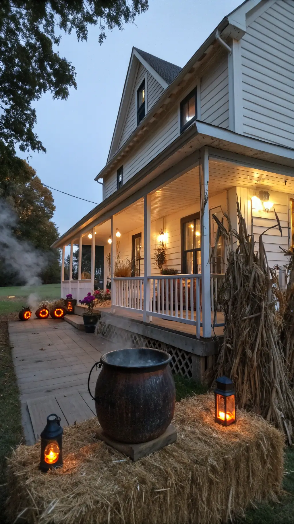 Rustic farmhouse with L-shaped wraparound porch adorned with life-sized witch scene, UV-reactive mist from a copper cauldron, authentic corn stalks and hay bales in setting framed by vintage lanterns with color-changing bulbs, photo taken at twilight from corner angle to capture depth.