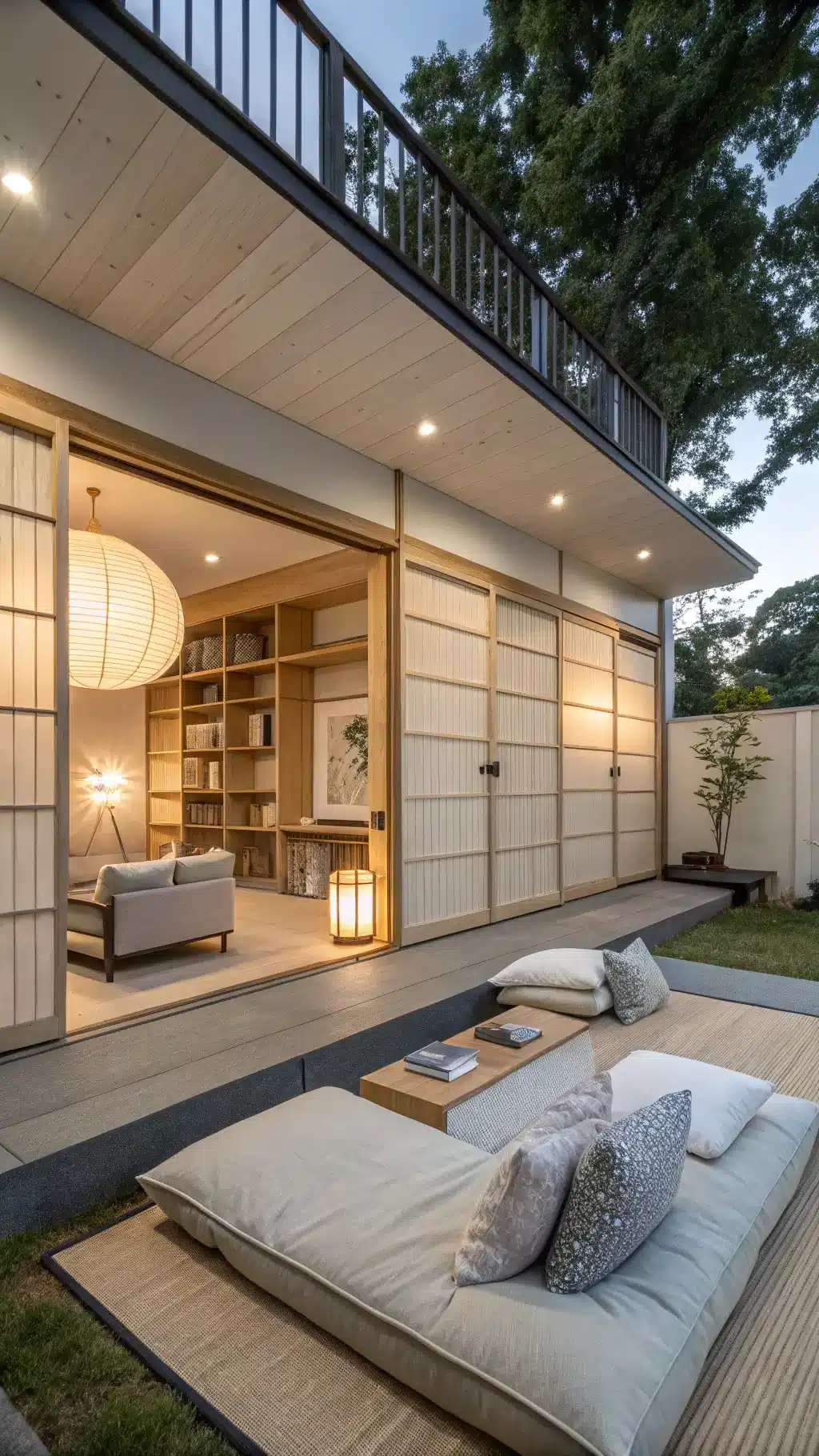 A 22x26ft multi-functional open plan living space, featuring movable fusuma panels in pale ash, low-profile modular seating in natural linen, built-in storage behind minimalist panels, an oversized paper lantern for ambient light, and handwoven bamboo screens for natural light, shot during blue hour with a wide-angle perspective to show space flexibility. The color palette is dominated by warm whites, pale ash, natural linen and soft black.
