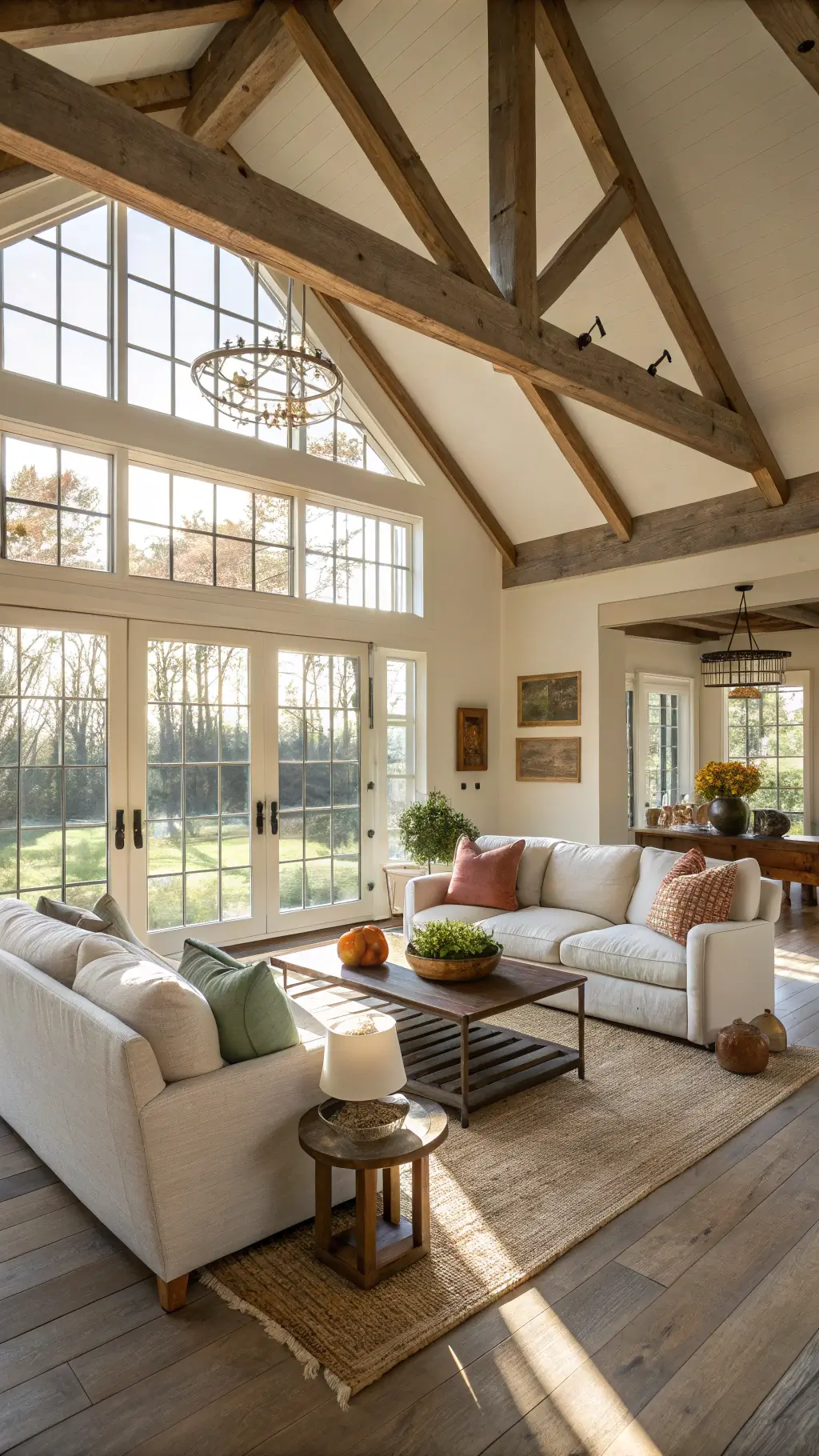Sunlit modern farmhouse living room with 12ft ceilings, exposed oak beams, wide-plank oak floors and floor-to-ceiling windows; furniture includes a cream linen sectional, a reclaimed wood coffee table, and a leather armchair.