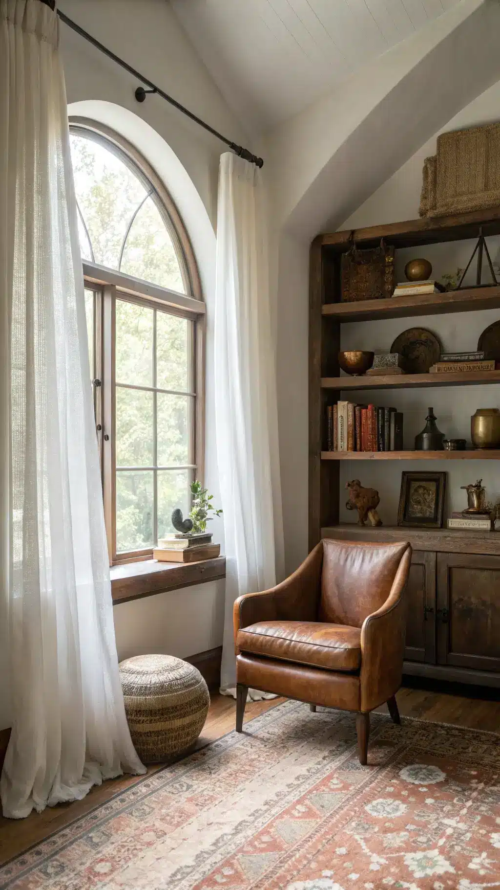 Sunlit farmhouse nook with arched window, floating wooden shelves adorned with vintage objects, leather reading chair, wool ottoman in greige, and a vintage Persian rug in terracotta tones.