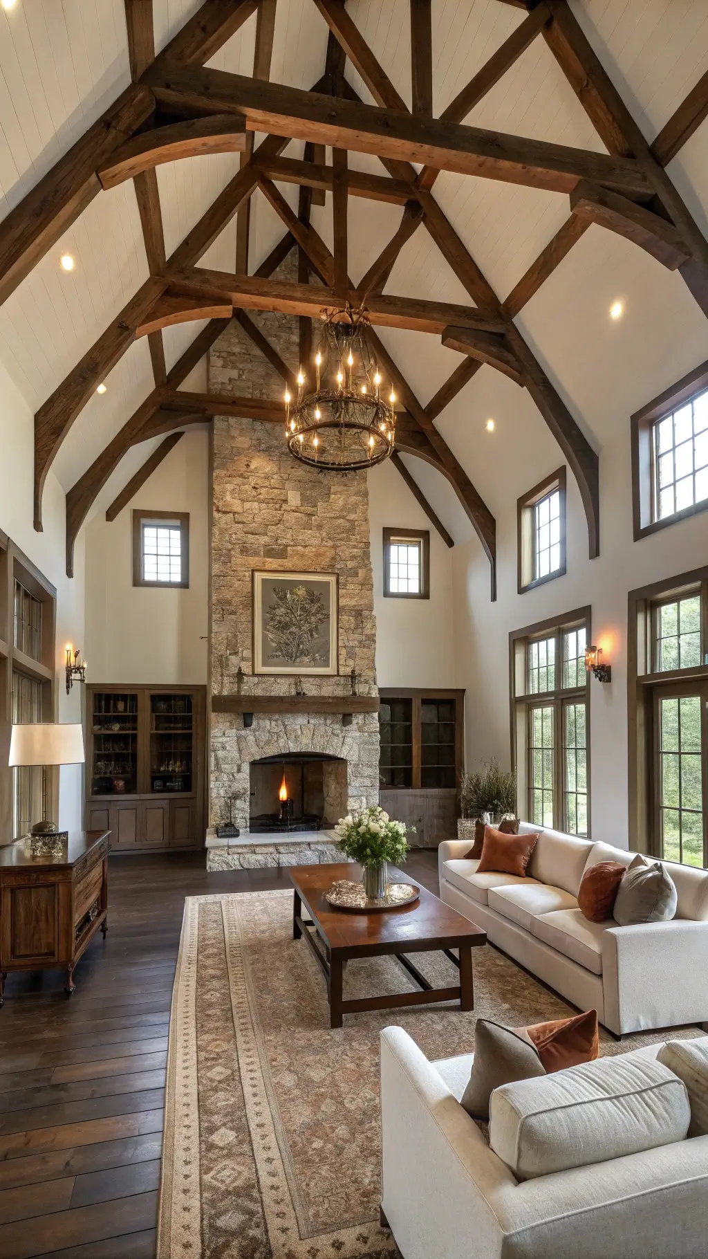 Grand farmhouse living room with cathedral ceiling, exposed timber trusses, white plaster walls, stone fireplace, Belgian linen sofas, and reclaimed timber coffee table highlighted by golden hour light.