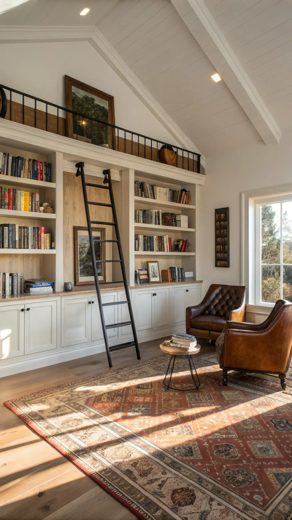 Custom white oak library wall in a farmhouse living room with a floating blackened steel ladder, vintage leather club chairs on an antique Turkish rug, and mid-morning light creating dramatic shadows.