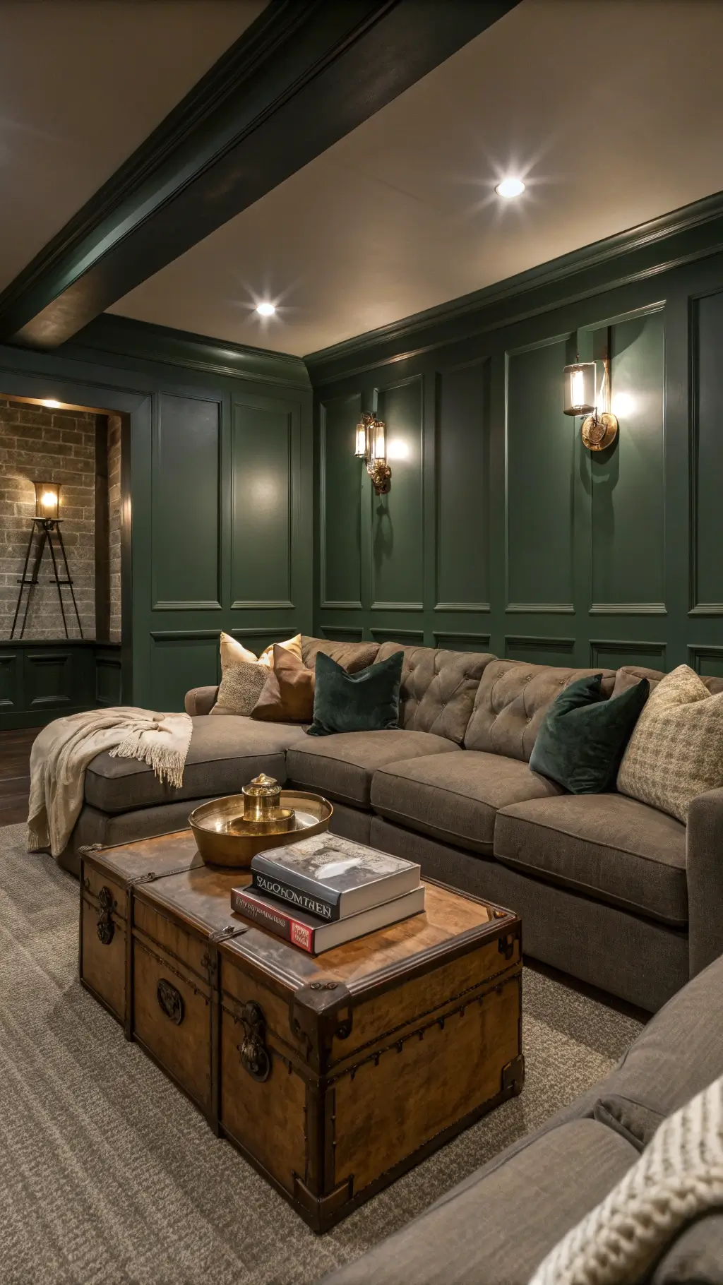Cozy farmhouse media room in evening light with sage green custom millwork, ambient sconces, comfortable bouclé fabric sectional, vintage trunk coffee table, woolen throws, and kilim pillows.