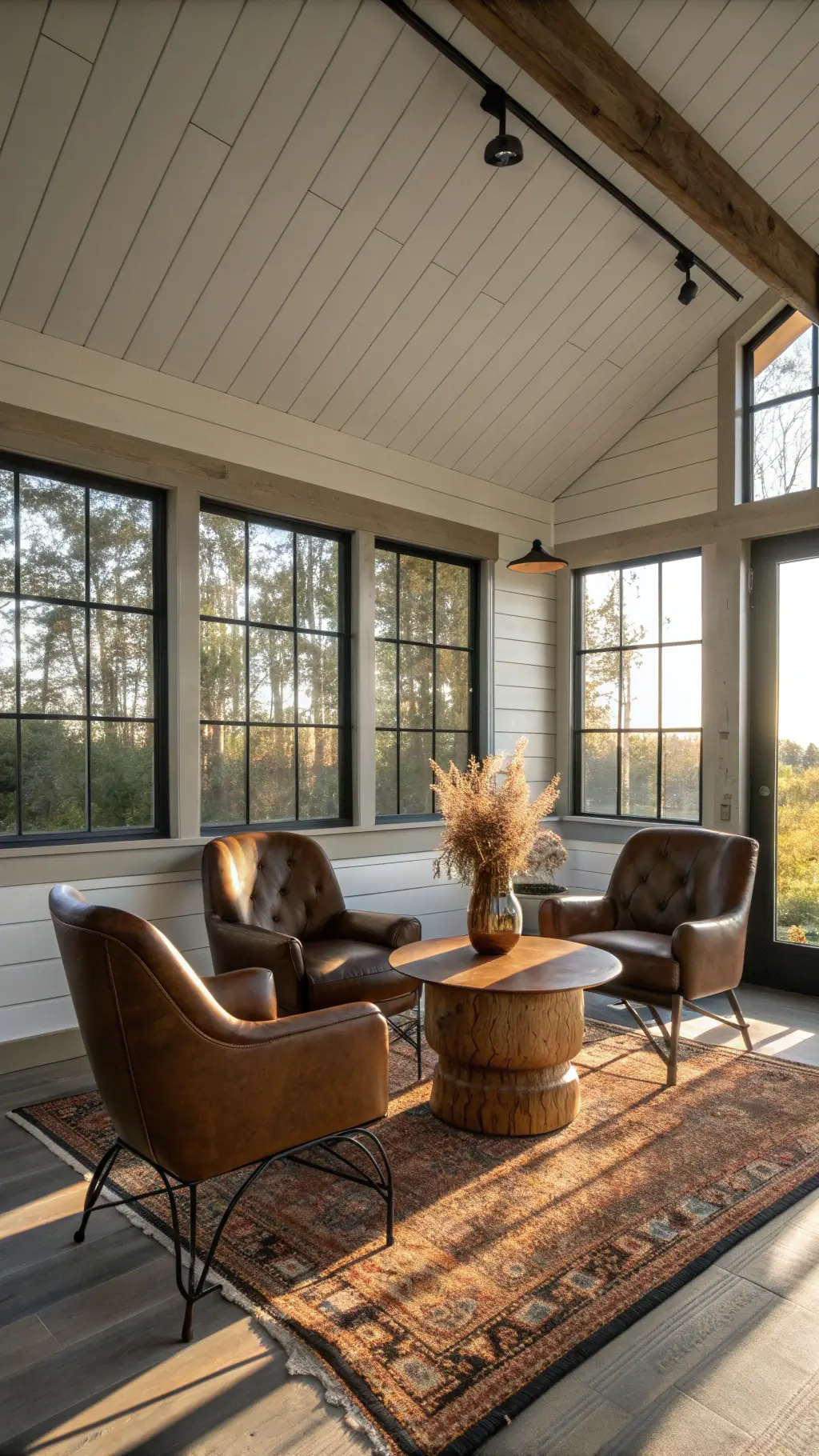 Aerial view of modern farmhouse conversation area highlighted by late afternoon light; space features four swivel chairs circling an oak coffee table on layered natural fiber and Persian rugs, beneath a striking shiplap ceiling, near large steel-framed windows.