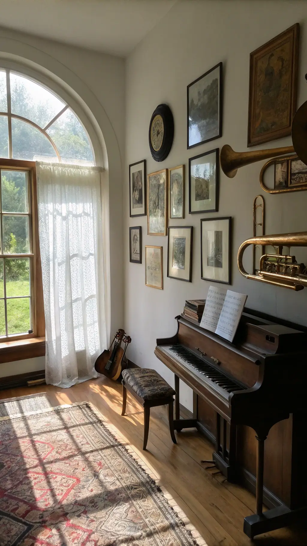 Dramatic corner of a farmhouse music room, featuring a vintage dark wood piano, antique musical instruments, and artwork in brass frames on a gallery wall, bathed in morning light filtering through sheer linen panels of a curved window.