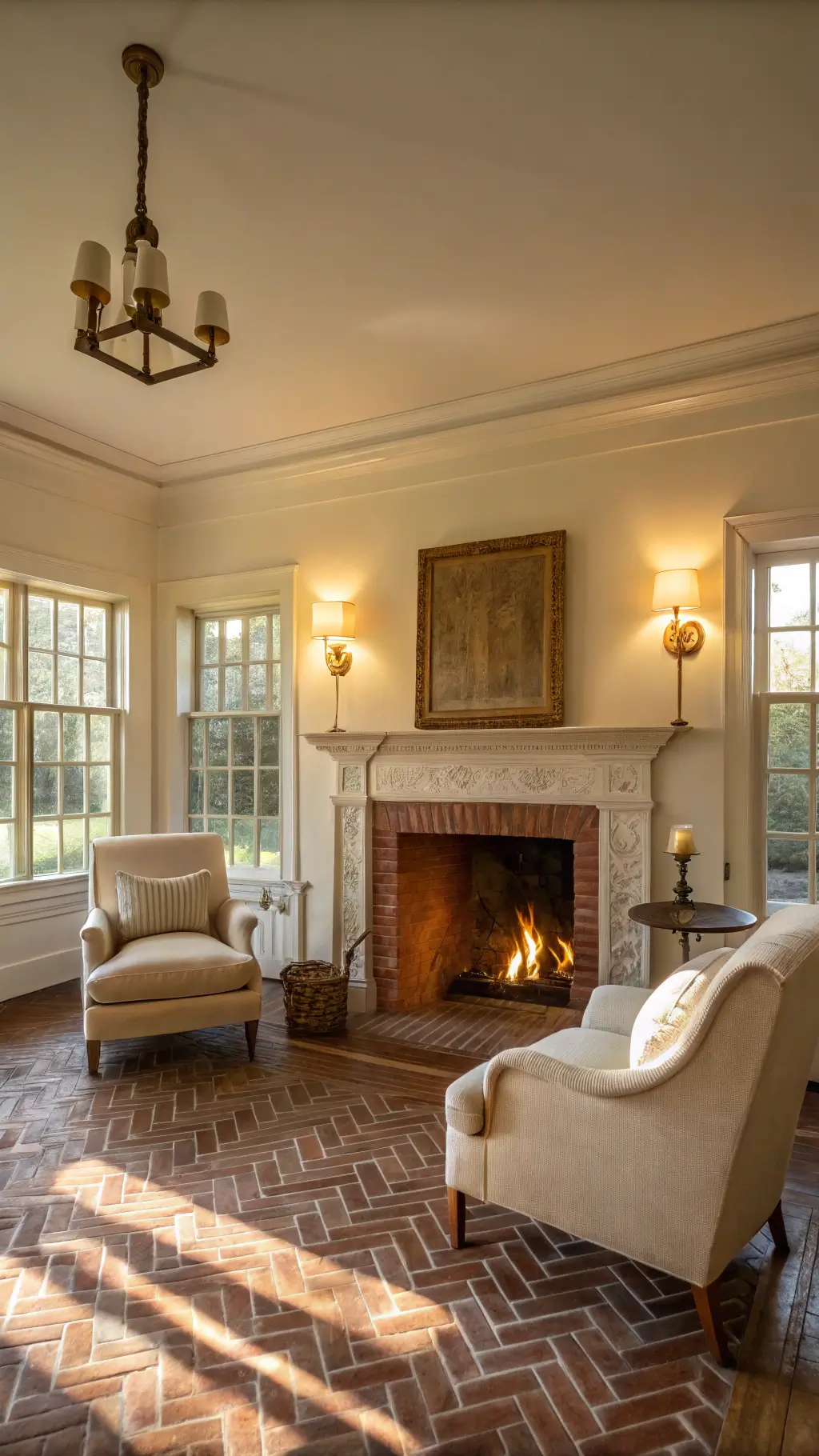 Elegant sitting room bathed in late afternoon glow featuring a German smear fireplace, antique mantel, matching bergère chairs in natural linen, brass floor lamps and herringbone brick hearth.