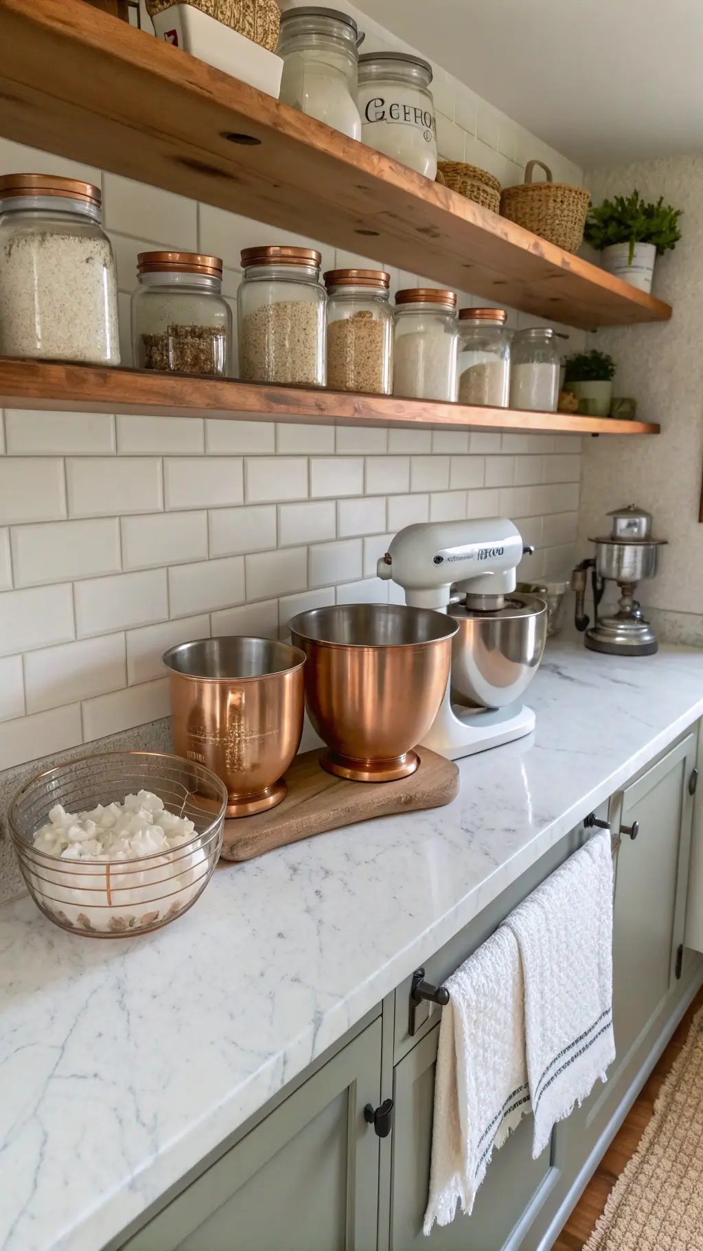 Vantage shot of a farmhouse baking station with marble quartz countertop, vintage copper measuring cups, ceramic mixing bowls, sage stand mixer, open shelving with mason jars, subway tile backsplash, and natural linen tea towels.