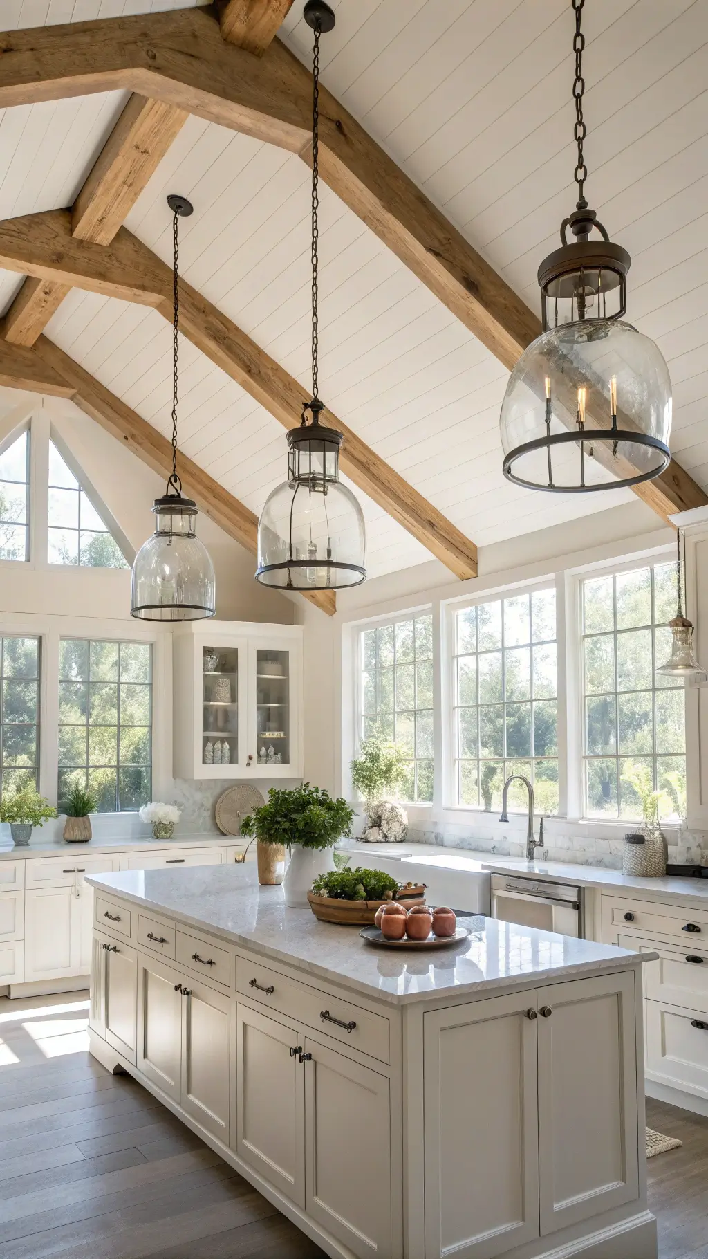A bright, spacious morning kitchen with a high cathedral ceiling, rustic wooden crossbeams, oversized clear glass pendant lights over a whitewashed oak island, brushed nickel hardware, and milk glass cabinet fronts, styled with white ceramic canisters, potted herbs, and vintage bread boards, with a window wall allowing sunlight in.