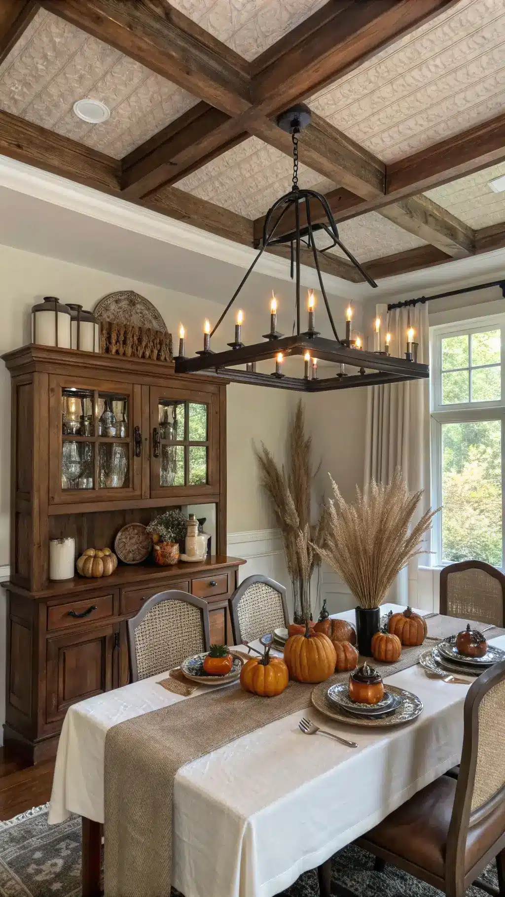 Cozy autumn-themed dining room with coffered ceiling, iron and wood chandelier, vintage sideboard with brass candlesticks and dried wheat arrangements, and a table set with copper chargers, linen napkins and mini pumpkins in warm earth tones.