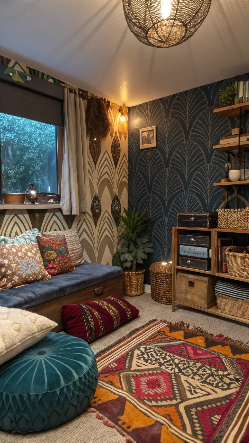 Maximalist mini-living space with layered textiles, abstract pattern wallpaper, vintage finds, and modern storage solutions, highlighted by dramatic side lighting.