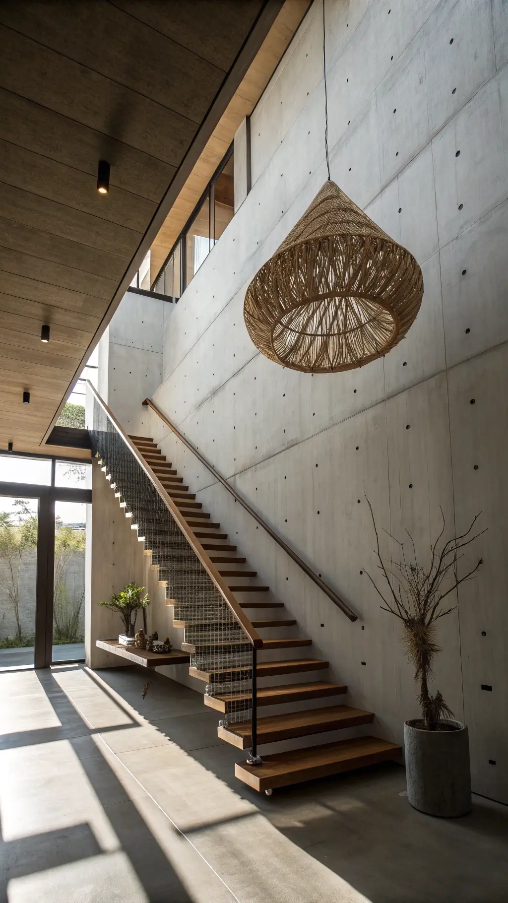 Zen entryway with high ceiling, floating wooden staircase, oversized woven pendant casting shadows, and a minimal steel console holding an ikebana arrangement.