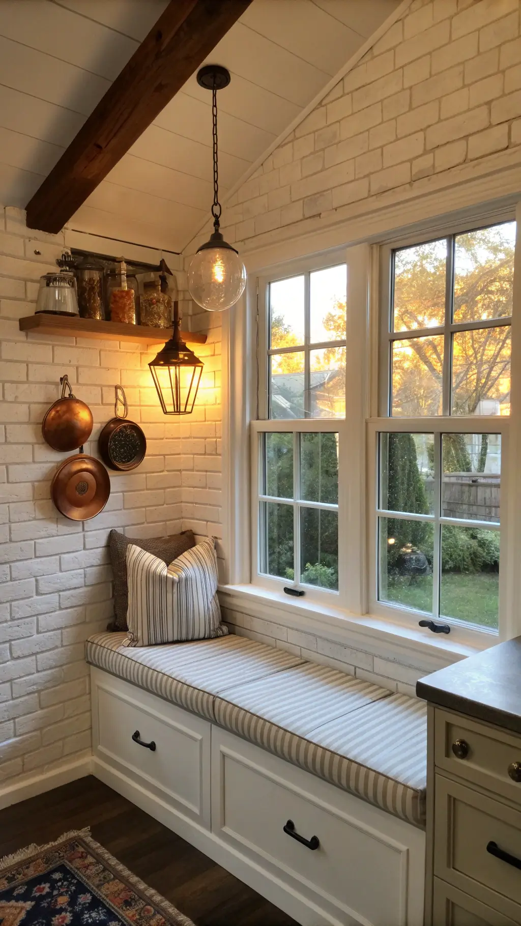 Cozy vintage-inspired kitchen window seat nook with schoolhouse pendant, ticking stripe cushions, copper molds on white brick wall during golden hour.