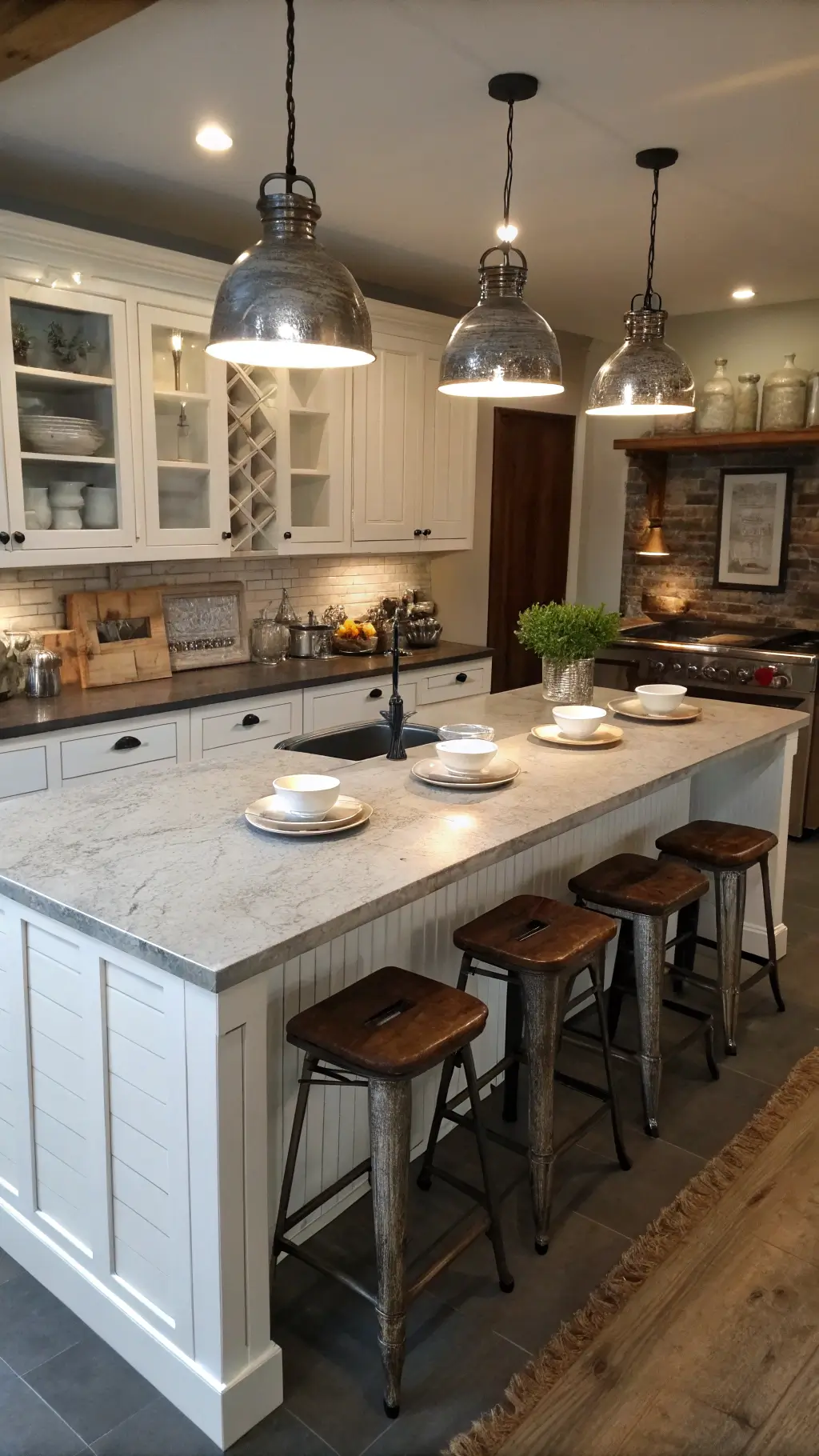 Overhead shot of a 10'x4' kitchen island workspace under dramatic lighting, featuring soapstone countertops, vintage breadboards, white ironstone, three small hammered metal pendant lights and industrial-style stools.