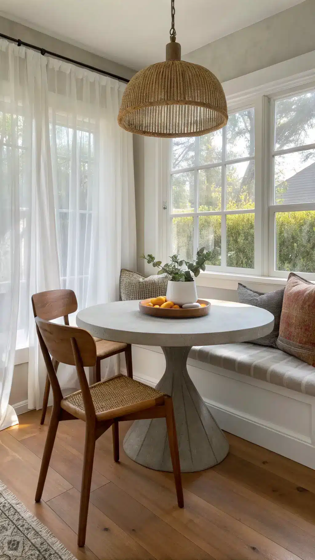 Sunlit breakfast nook featuring Japandi chairs, a round concrete table, and built-in window seat with sheer linen curtains, complemented by a handwoven pendant light and ceramic bowl with citrus. Decorated in a warm grey, natural wood, and cream color scheme.