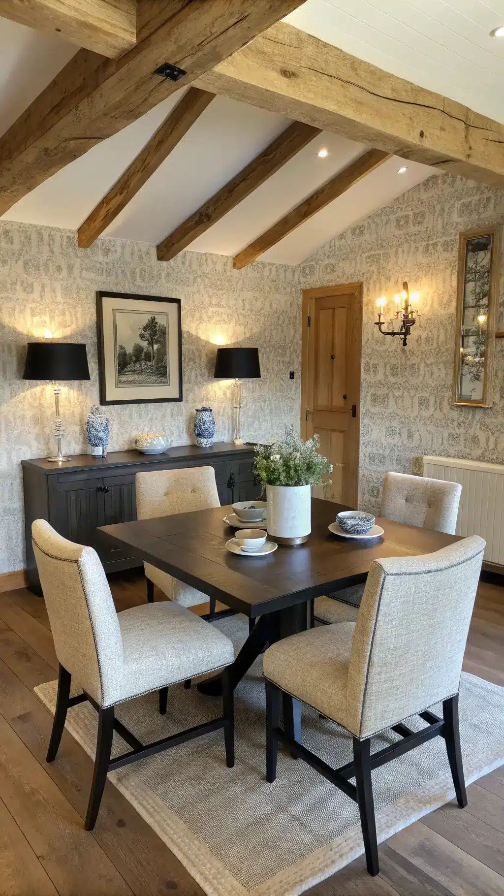 Warm, minimalist 14x16ft dining room with earth tones, featuring exposed wooden beams, oatmeal linen upholstered Japandi chairs, square black ash table, sideboard with ceramic vessels, and textured grasscloth wallpaper, illuminated by dusk lighting and wall sconces.