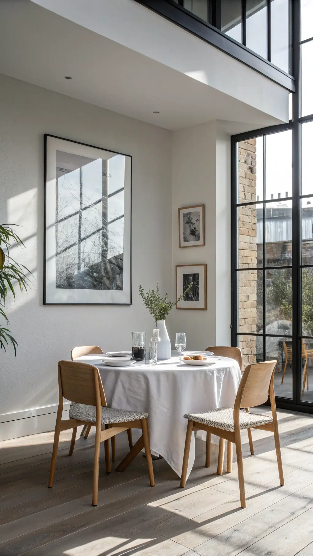 Minimalist Japandi dining space with ash wood chairs, chalk-white linen tablecloth, and charcoal artwork, highlighted by midday sun through steel windows.