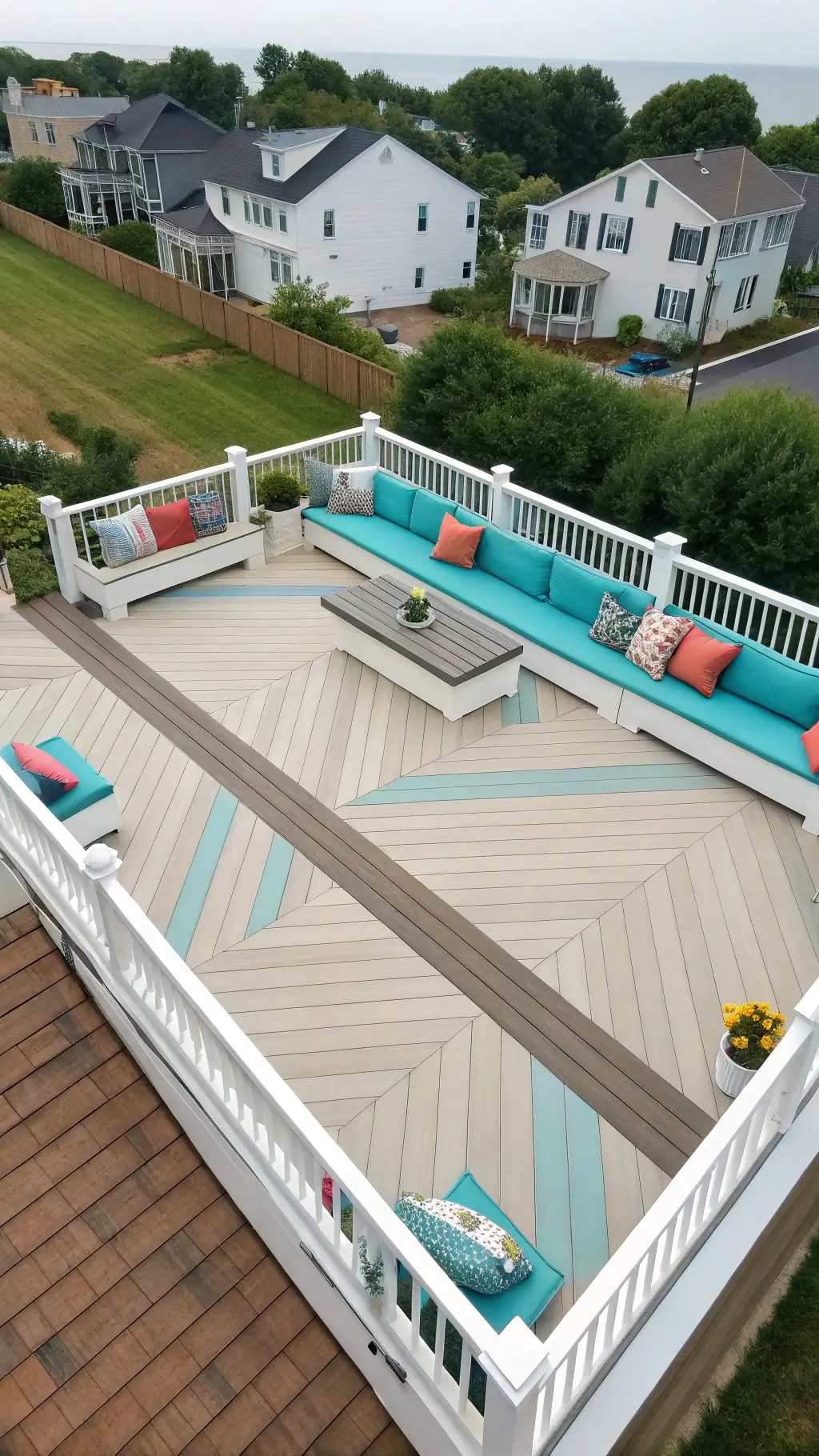 Aerial view of L-shaped 14x18ft deck with multi-toned neutral decking, white storage benches, and vibrant turquoise and coral accents under bright midday lighting.