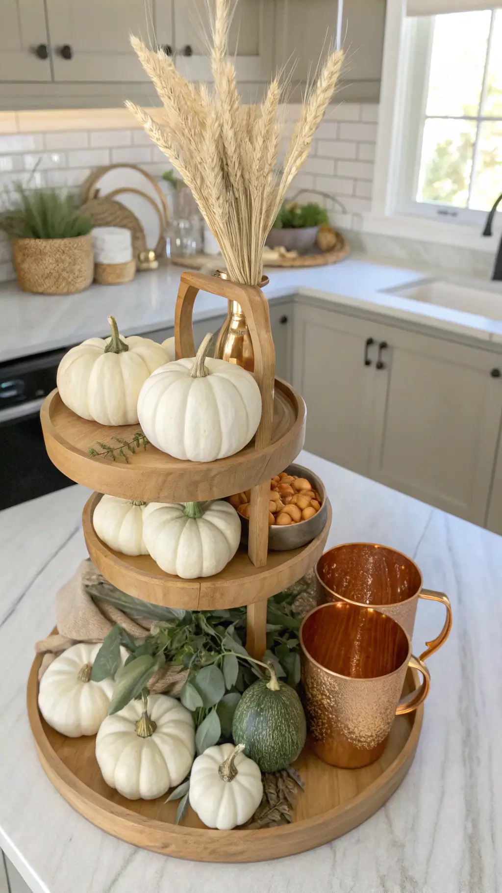 Overhead view of a 6x8ft marble kitchen island adorned with ceramic pumpkins, wheat stalks in copper mugs, and heirloom gourds under a skylight.