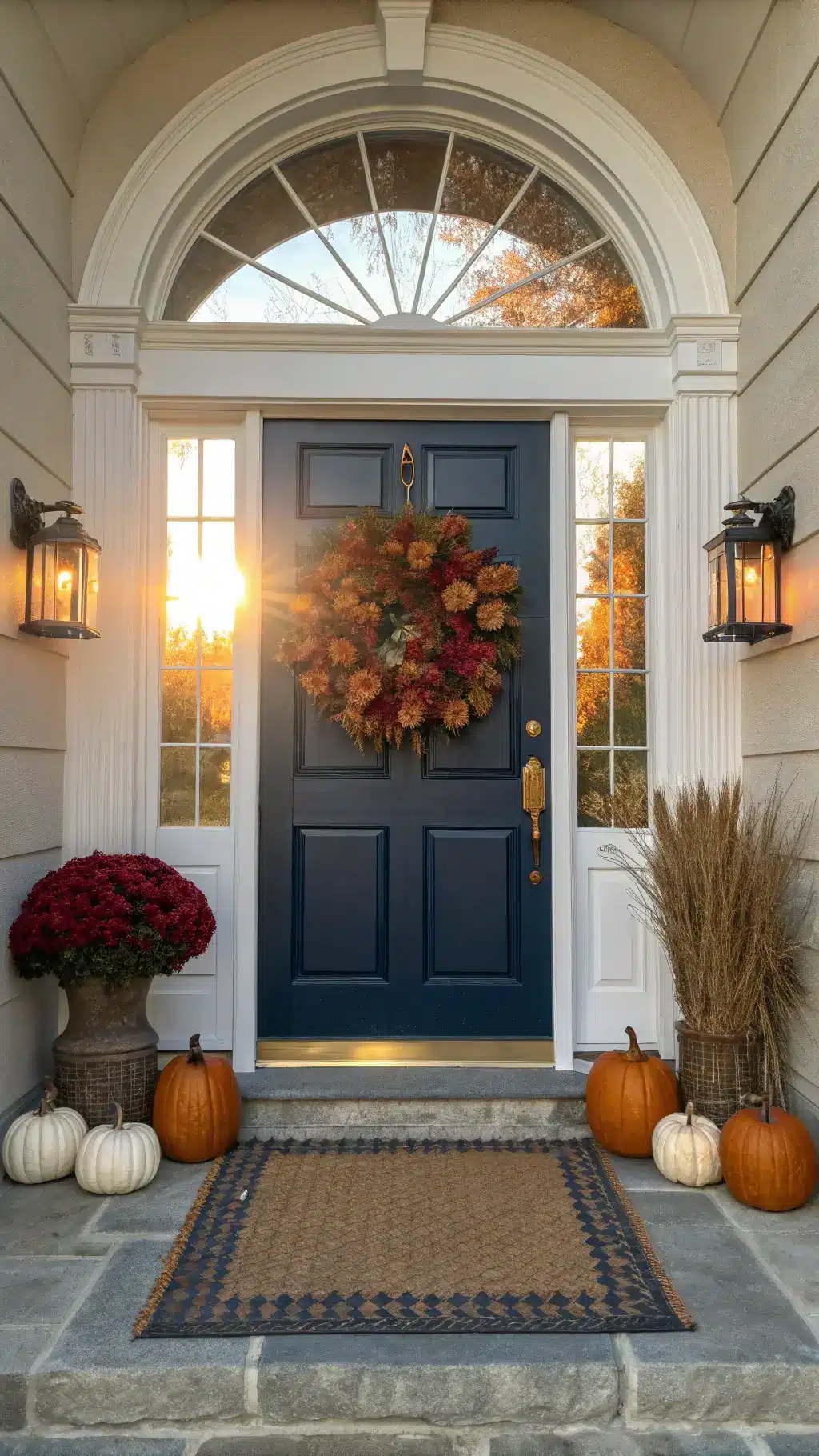 Grand entryway at golden hour with sunlight streaming through a transom window above a colonial-style navy blue door adorned with an autumn harvest wreath, surrounded by metallic and matte pumpkins, a layered doormat setup, and vintage copper lanterns.