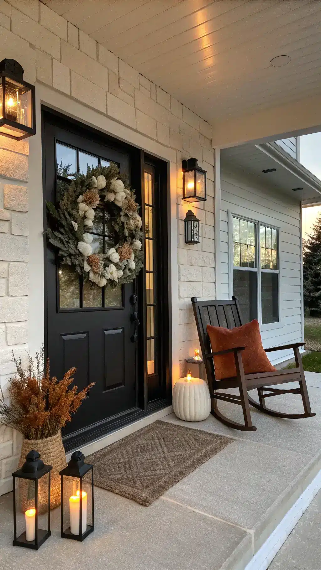 Warmly lit modern farmhouse porch at dusk featuring a matte black door with oversized wreath, matte black lanterns with candles, and a rocking chair with cream throw and rust-colored pillow