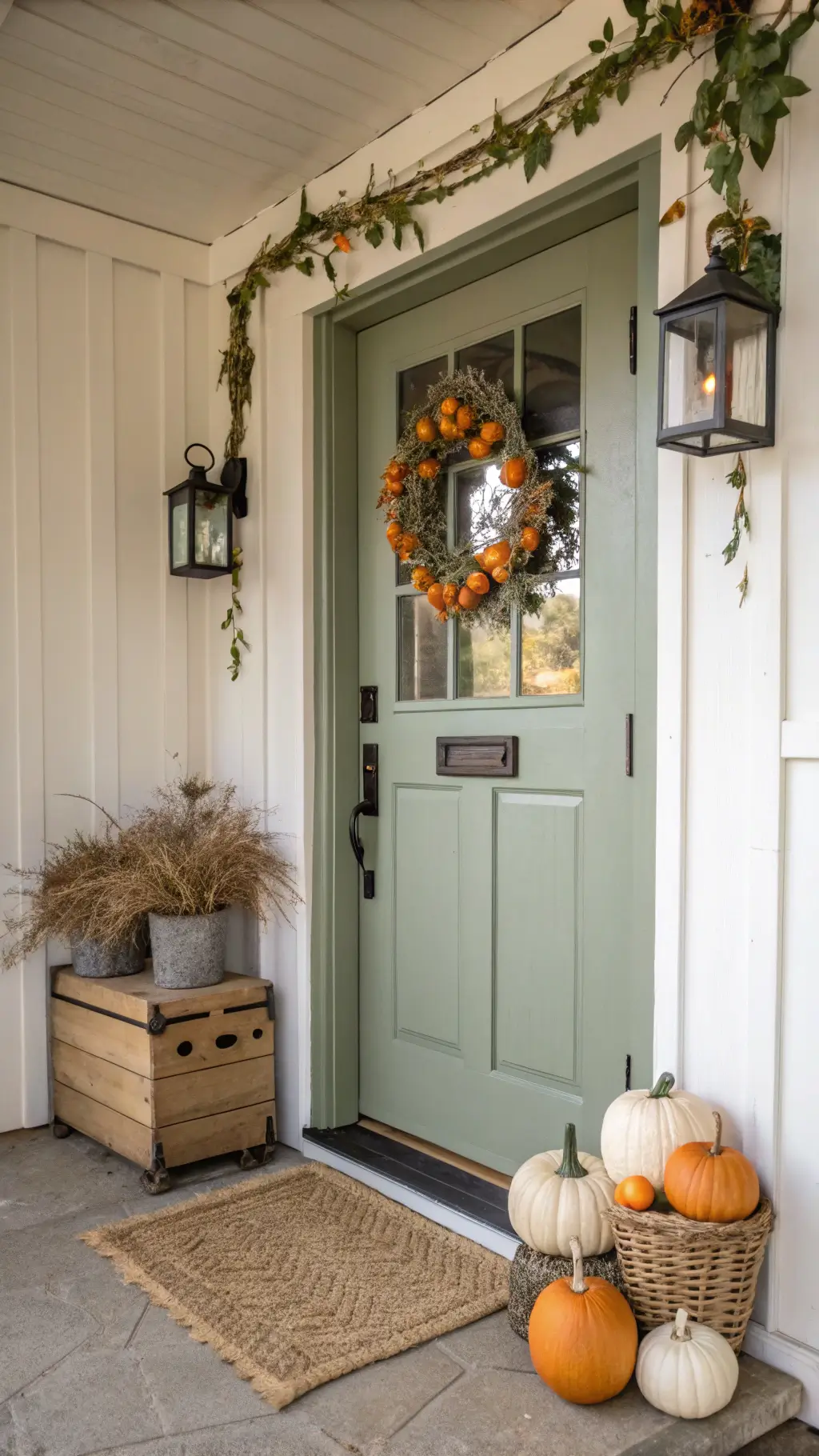Cottage entrance with sage green dutch door decorated with grapevine wreath and vintage wooden crate filled with heirloom pumpkins, under mid-morning light