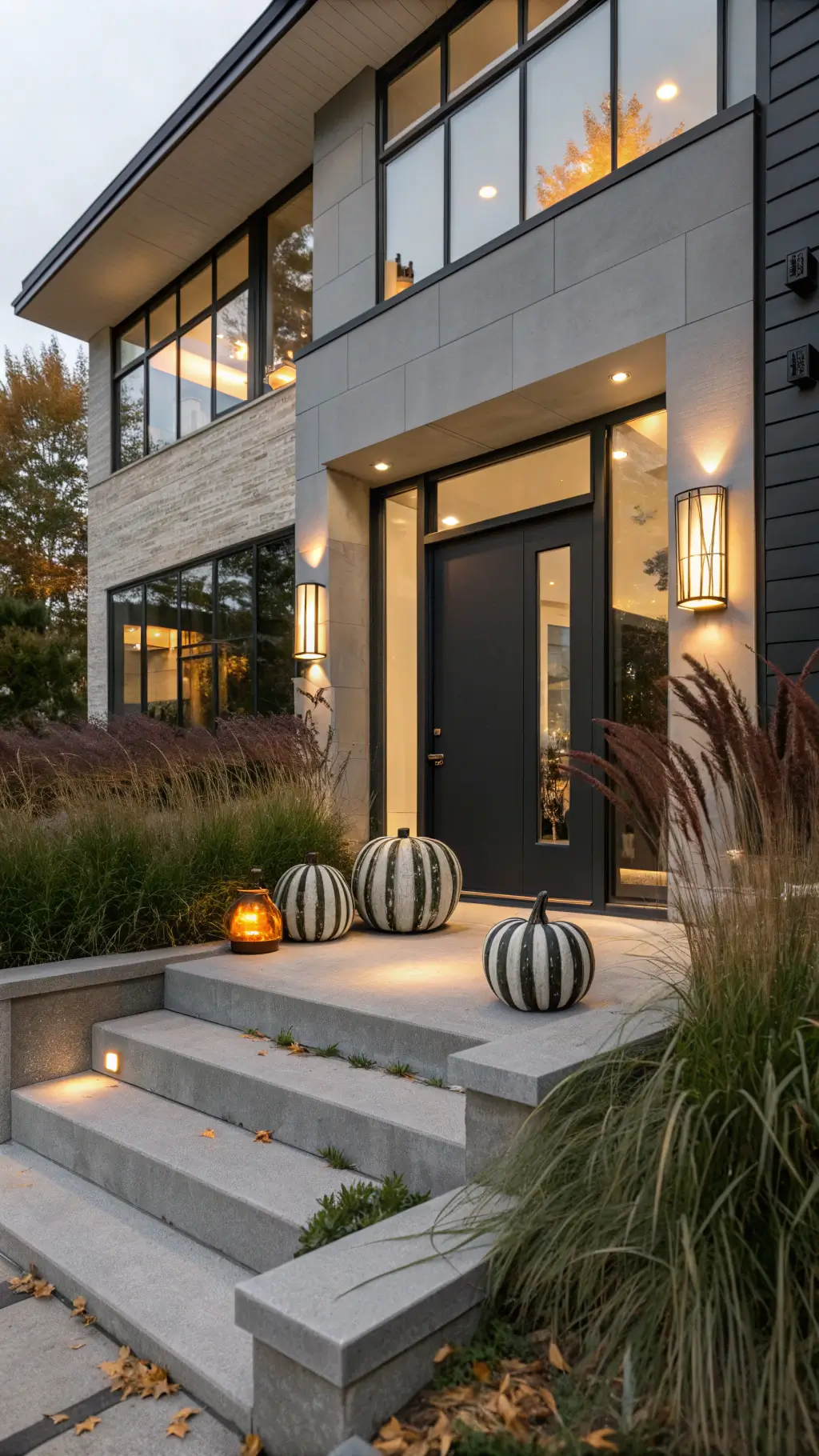 Contemporary urban entryway with floor-to-ceiling windows, gray door, minimalist fall display with striped pumpkins on concrete steps, and architectural grass planter with burgundy fountain grass
