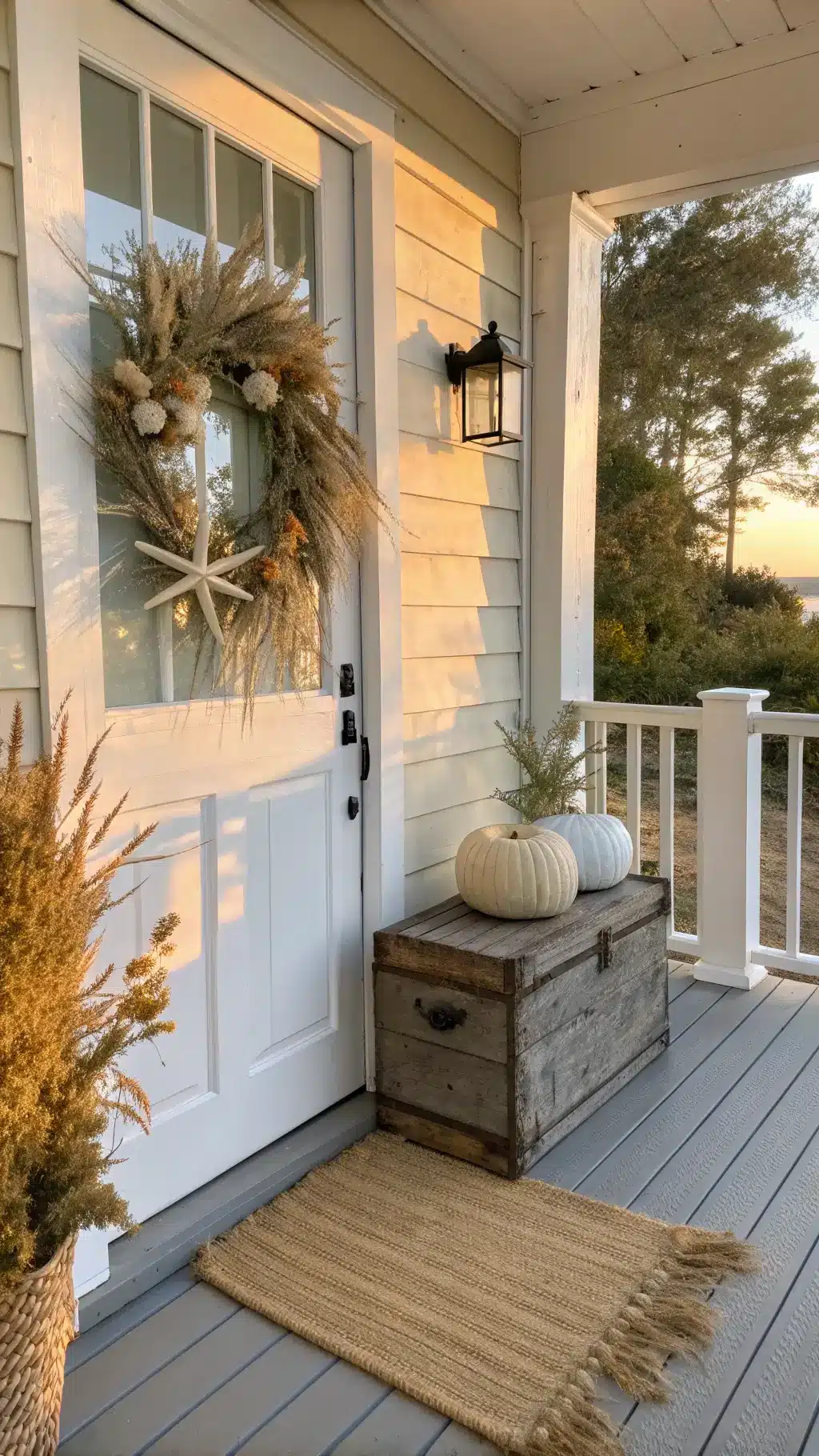 Coastal craftsman porch bathed in afternoon sunlight featuring a white door adorned with a seagrass wreath, gray wooden chest with white pumpkins, and layered doormats under the serene shadow of trees.