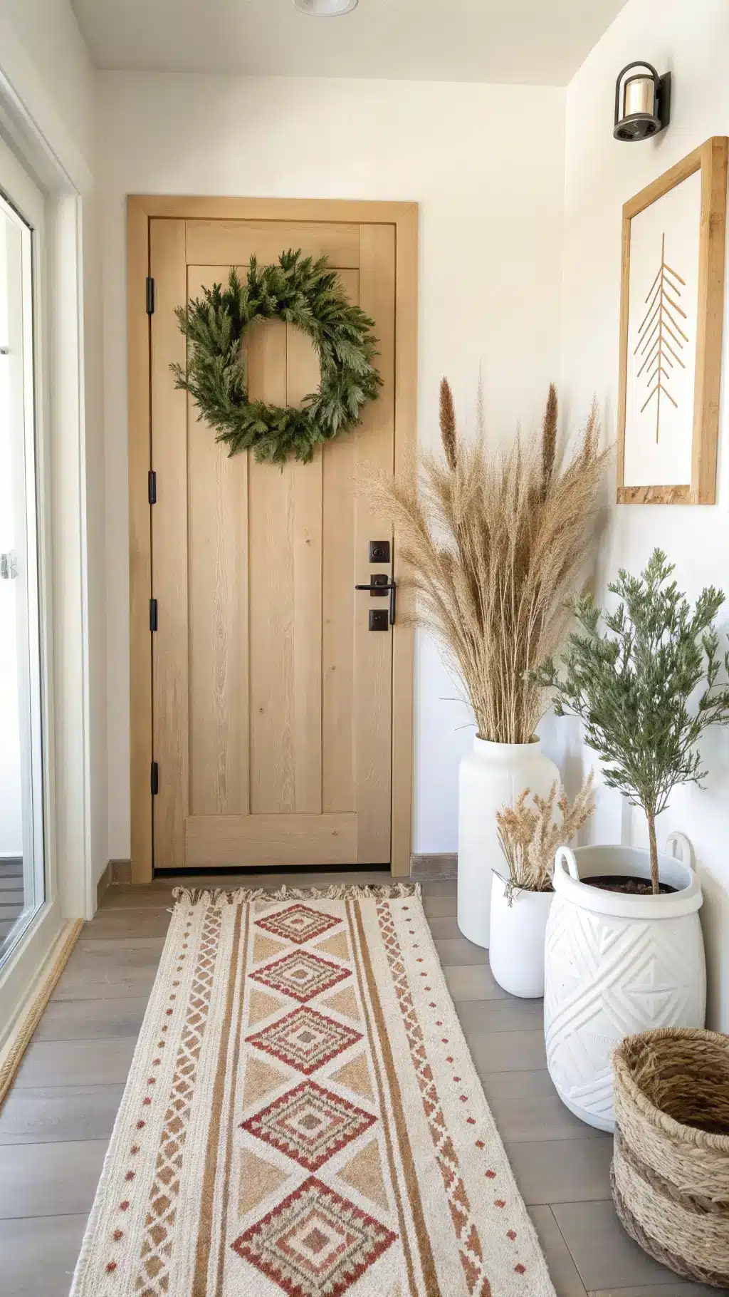 Scandinavian minimalist entryway featuring a wooden door, eucalyptus wreath with leather accents, white ceramic vases with dried plants, and a geometric patterned runner rug, shot in bright, natural lighting.