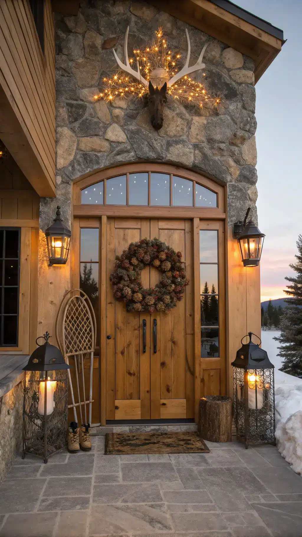 Mountain lodge entrance at sunset featuring double knotty alder doors, pine cone and antler wreath with twinkling lights, rustic metal lanterns creating a warm glow, vintage snow shoes and birch logs alongside doors, with a picturesque mountain backdrop.