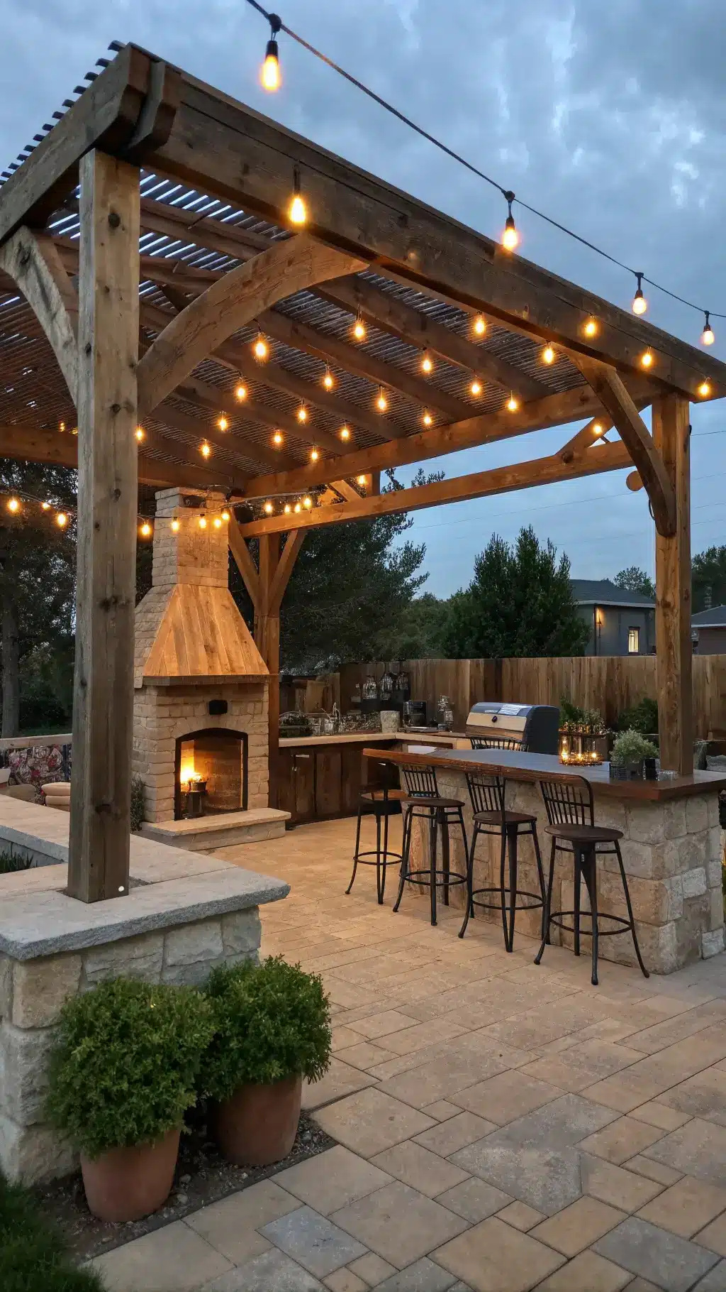 Twilight shot of a 40x50ft outdoor entertaining space with a wooden pergola, live-edge wood bar, metal stools, stone pizza oven with copper hood, herb troughs, Edison bulb lighting and a large wooden dining table seating 12.