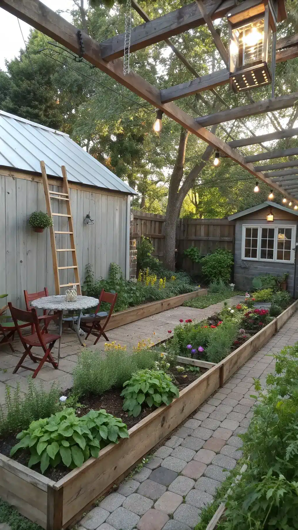 Mid-day photo of a 20x40ft linear garden with railway tie elevated beds filled with herbs and flowers, vintage chairs around a marble-topped iron table, modern art from repurposed metal roof panels, a rope swing on an oak tree, solar-powered vintage lamp posts, and natural, weathered elements.