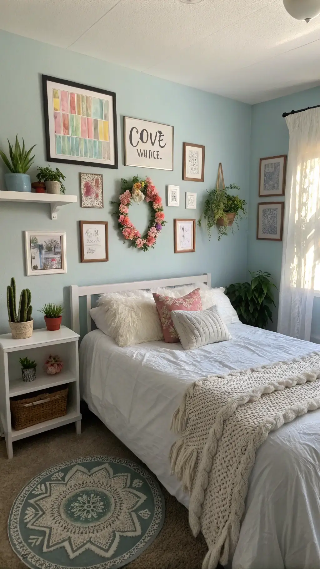 Cozy 12x12ft bedroom with pale blue walls, white daybed with knit throws, gallery wall of neon signs and pressed flowers, circular succulent shelf display, accent lighting and layered textures.
