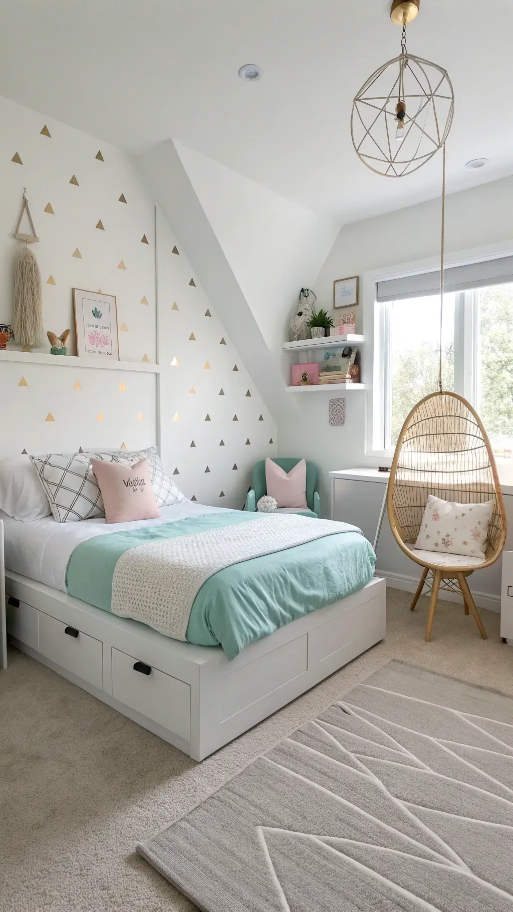 A 15x13ft modern minimalist bedroom with white walls featuring geometric decals, a platform bed with mint and white bedding, floating desk with a ghost chair and rose gold accessories, and a hanging chair in the reading corner, illuminated by bright natural light.