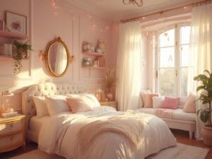 "Dreamy pastel bedroom bathed in golden hour sunlight, featuring fluffy white queen-size bed, vintage brass vanity, sheer billowing curtains, floating bookshelves and warm decor accents"
