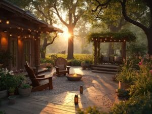 "Rustic backyard sanctuary at golden hour with detailed features such as weathered wooden deck, stone patio, fire pit, reclaimed barn wood planters, vintage galvanized tubs, Adirondack chairs, Edison bulb string lights, mason jar lanterns, railway tie steps, pergola wrapped in roses, and copper accents"