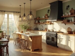 "Sundrenched farmhouse kitchen with weathered oak island, cream cabinets, vintage decor, and radiant natural light during golden hour"