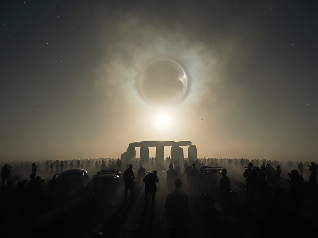 Thousands of spectators in silhouette observing the 2017 total solar eclipse at Carhenge, with the sun's corona around the moon's silhouette, vintage cars, telescopes and cameras on tripods, under a starlit daytime sky
